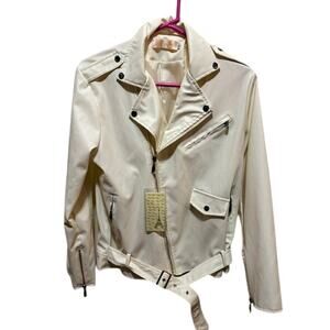 Keleiexfushi White Faux Leather Biker Jacket Motorcycle vegan coat NWT women's L